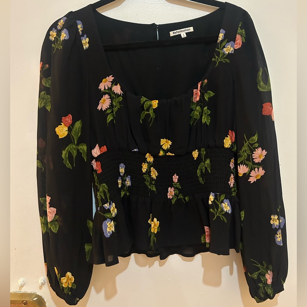 Reformation Black Top with Colorful Floral Design